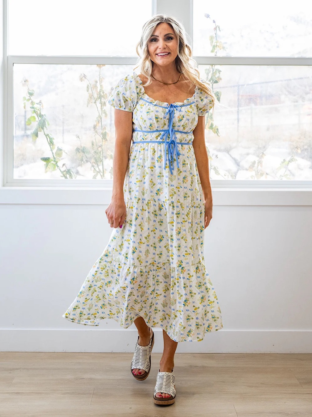 Blu Pepper White Floral Midi Dress with Blue Trim